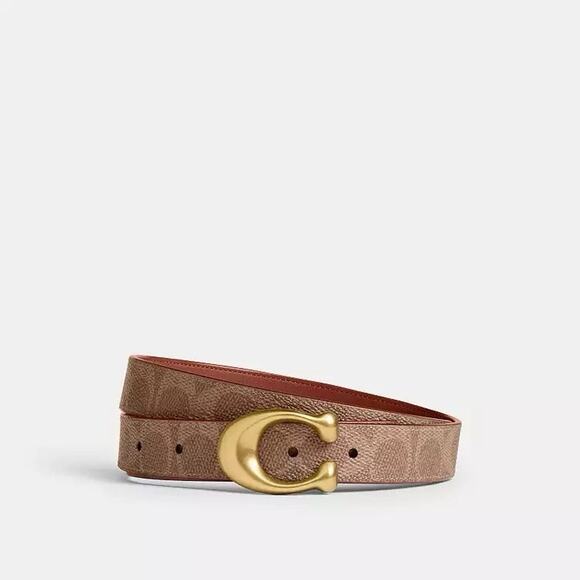 NWT COACH Women Brass/Tan Caramel Sculpted C Buckle Reversible Belt 25 Mm ceb69